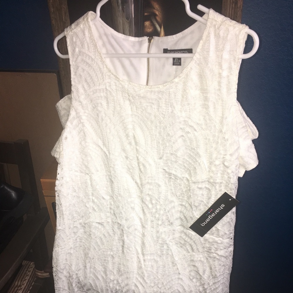 White lace dress, cut out shoulders